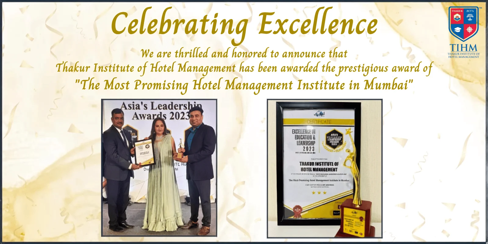Thakur Institute of Hotel Management Best Institute in Mumbai Award